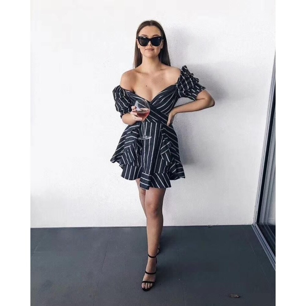 NWT C/MEO Collective Striped Puff Sleeve Mini Dress - Picture 2 of 9
